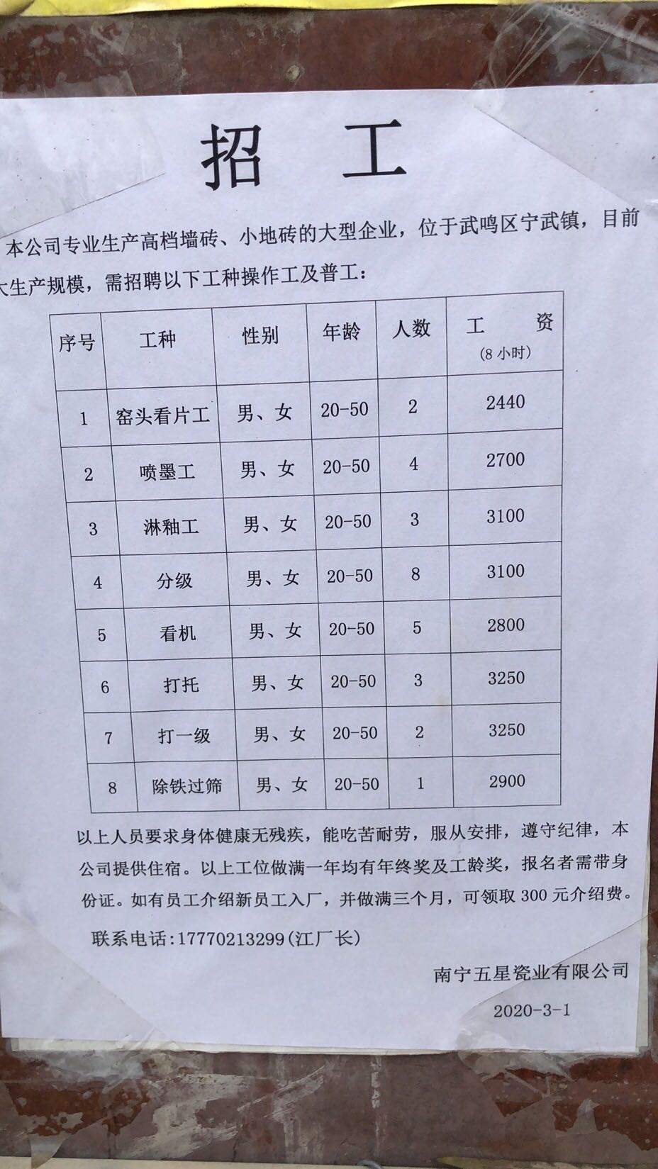 广西南宁武鸣陶瓷厂招搬运工